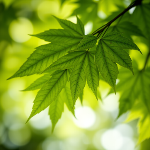 macro shot of green maple leaves with soft bokeh background, aperture f/2.8, shutter speed 1/200s, ISO 100, 50mm lens, natural soft lighting, DSLR camera