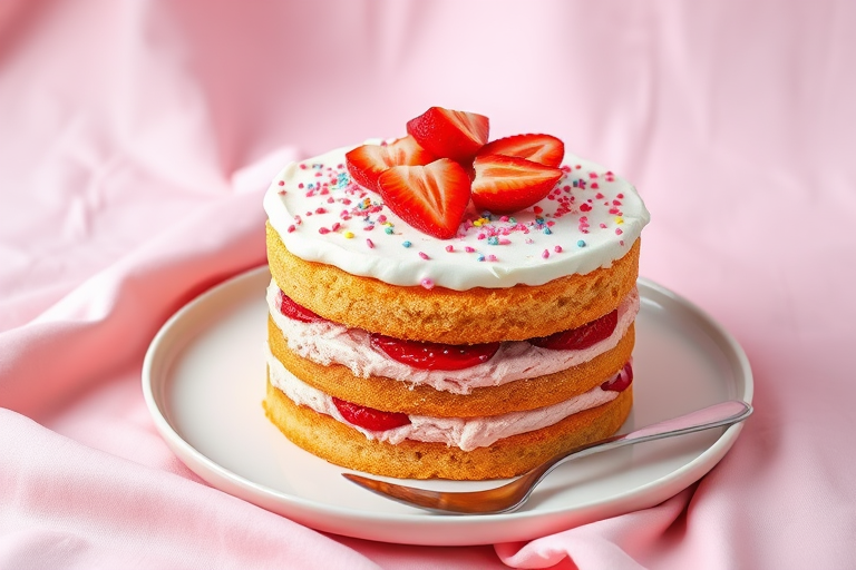 A colorful layered cake with a pink filling and white frosting topped with fresh strawberries and sprinkles on a round plate with a silver serving utensil next to it, set against a soft pink cloth backdrop.