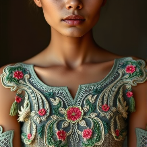 Face, shoulders, chest covered in openwork Cambodian embroidery. Raw, unedited image.