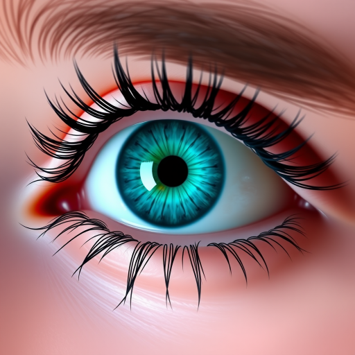 Create a high-resolution digital illustration of a stylized eye with a vibrant turquoise iris and detailed black eyelashes, using a Canon EOS R5 camera, 50mm lens, f/1.8 aperture, ISO 100, shot from a front view with soft lighting to enhance depth and color vibrancy.