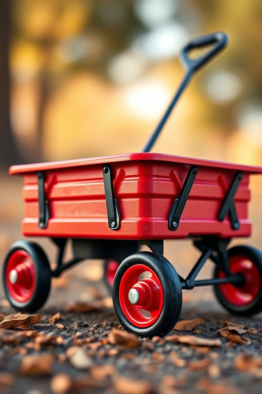 A detailed 3D rendering of a bright red wagon with black wheels and handle, captured from a low angle, using a DSLR camera with a 50mm lens, aperture set to f/2.8 for shallow depth of field, and a soft focus background for enhanced clarity and vibrant colors.