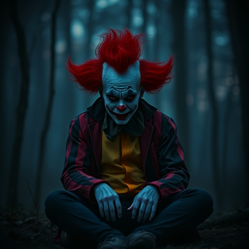 Create a dark, atmospheric image of a sinister clown with bright red hair and a colorful outfit, sitting in a misty forest at dusk, using a DSLR camera with a 50mm lens, aperture f/1.8, ISO 200, and a shallow depth of field for enhanced detail and texture.