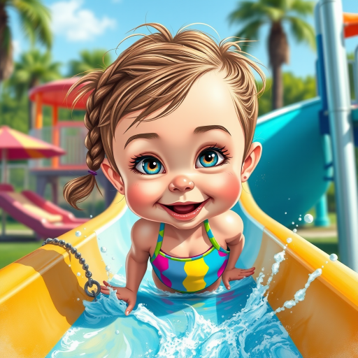 A sassy caricature toddler girl with medium highlighted hair in a messy braid, light eyes, fluffy long lashes, silly funny faces, wearing a colorful swimsuit, going down a waterslide face first, lots of water, created in highlighted chalk style, vibrant colors, background is a park with acrylic paint, airbrush