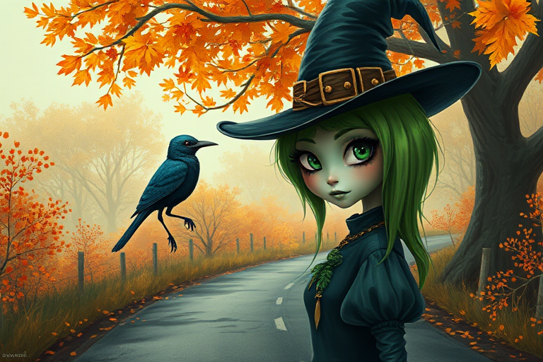 digital art fantasy depicting a strange girl with green hair, long eyelashes, green lipstick and a tall hat walking along a winding road on an autumn afternoon, an Umbrellabird smiles as she passes