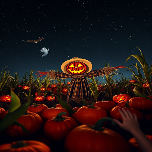 Create a vibrant and spooky Halloween scene featuring a scarecrow with a jack-o'-lantern head surrounded by glowing pumpkins in a cornfield under a starry night sky with bats and a ghost, using a wide-angle lens at f/8, ISO 200, 1/60 second shutter speed, shot from a low angle for emphasis on the pumpkins and scarecrow, while capturing all details in high dynamic range.