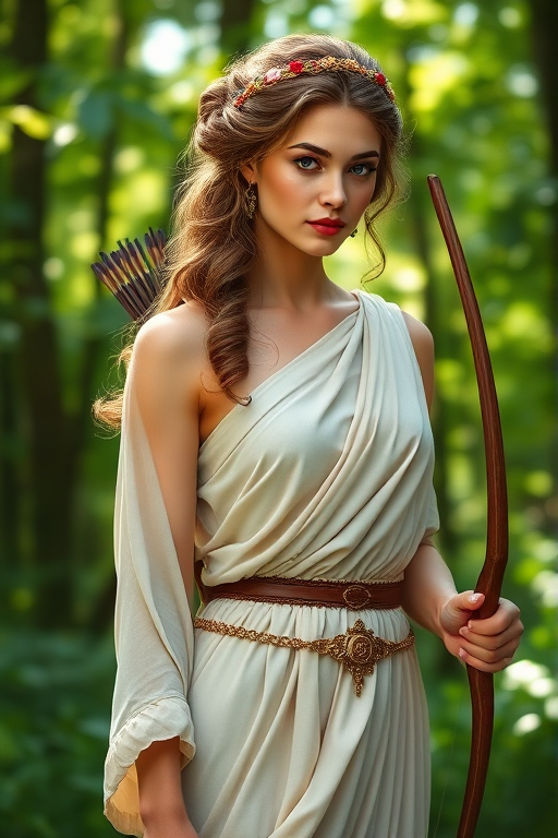 Create a portrait of a goddess-like female figure in a tranquil, forested environment. She has an elegant appearance with long, wavy hair styled in an updo and adorned with a delicate, floral headband. She wears a flowing, ancient Greek-inspired gown in a soft, pale color, featuring a one-shoulder design and draped fabric that accentuates her graceful form. The outfit includes a decorative belt with ornate gold detailing, and she holds a bow in her hand, with a quiver of arrows slung over her shoulder. The background depicts lush greenery, with sunlight filtering through the trees, casting a gentle, ethereal light on the scene. Her expression is calm and contemplative, embodying a sense of wisdom and serenity.
