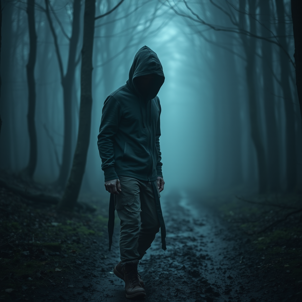 regenerate image of a mysterious figure in a foggy forest wearing a hoodie and tattered clothing, walking down a muddy path, low-light conditions, DSLR camera settings: f/2.8, ISO 800, shutter speed 1/60, 35mm lens, portrait orientation, dramatic lighting, cinematic style