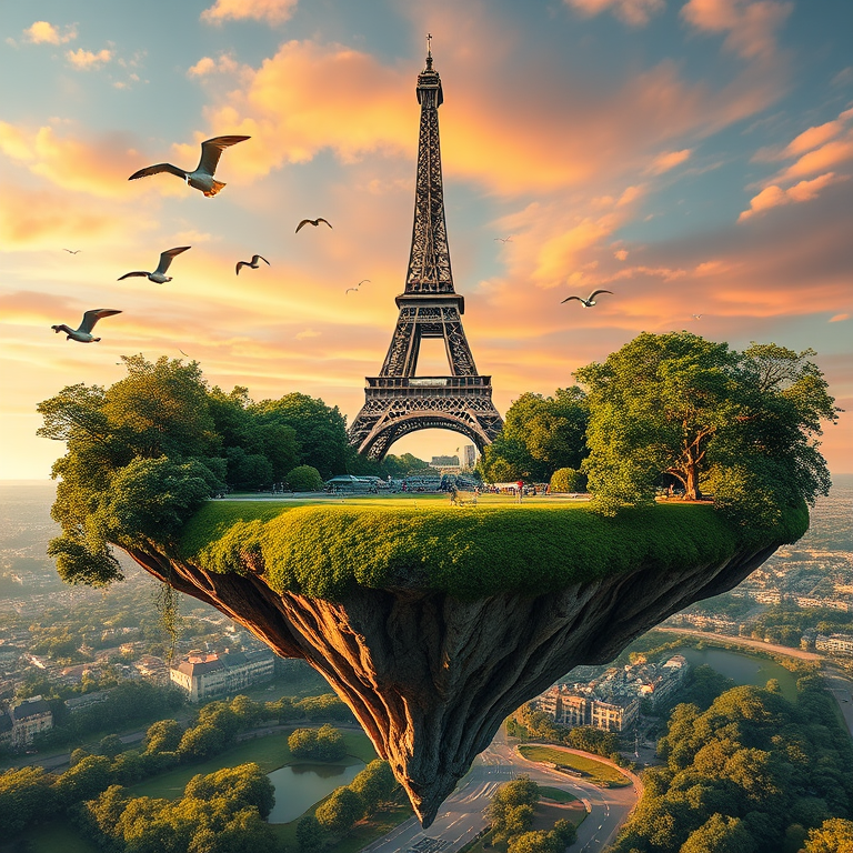 A surreal floating island featuring the Eiffel Tower surrounded by lush greenery and birds soaring in a vibrant sky, captured with a DSLR camera, 24mm lens, f/8 aperture, ISO 100, golden hour lighting, and a panoramic view.