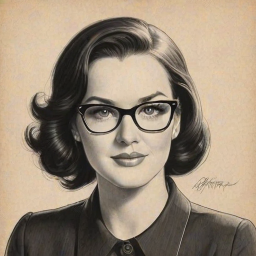 Captivating Brandy Clark, pencil sketch, portrait of Elegant woman 1950s in glasses, hair style beatnik, outline, clear lines, fine lines, 8k