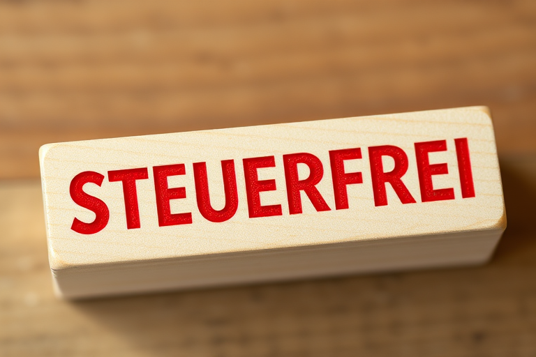 Create an image of a wooden stamp with the word STEUERFREI in bold red letters, using a DSLR camera, ISO 100, f/2.8 aperture, 50mm lens, natural lighting, and a shallow depth of field for enhanced clarity.