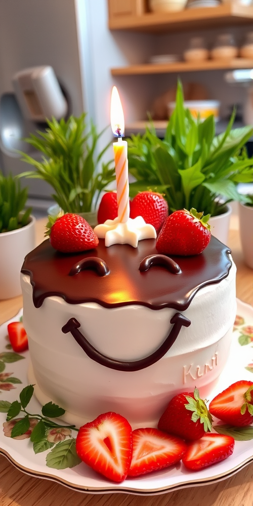 A cute and cheerful cake with a smiling face made of cream and chocolate, topped with fresh strawberries and a single candle, sitting on a decorative plate, surrounded by sliced strawberries and green plants in a kitchen setting.