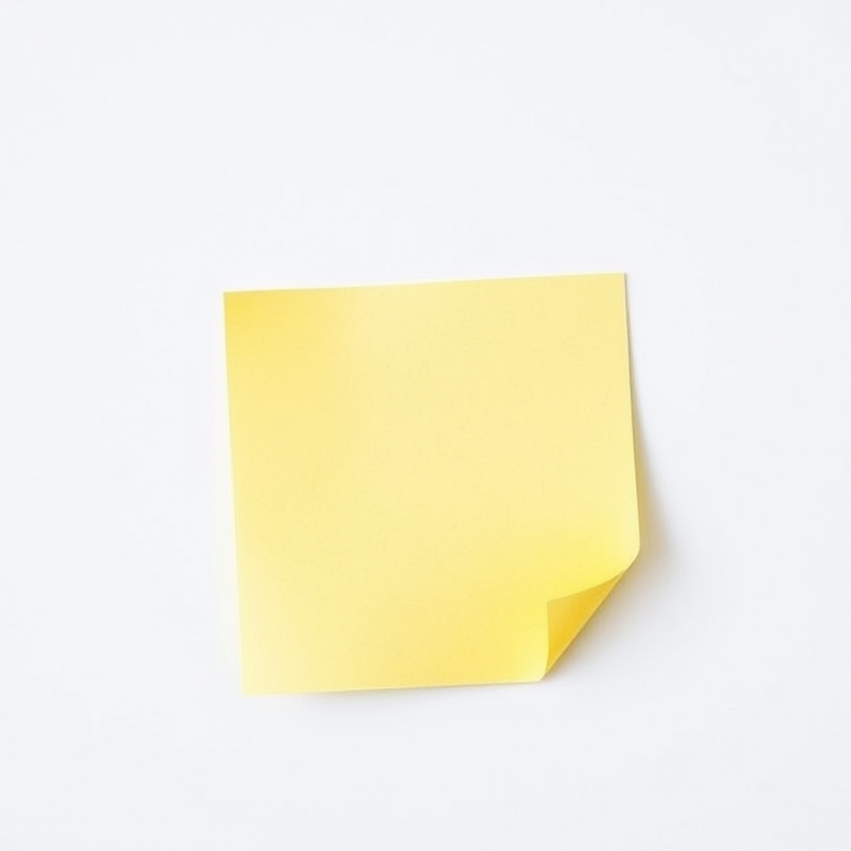 Create a high-resolution image of a simple yellow sticky note with a slightly curled edge in the bottom right corner, shot with a Canon EOS R5 camera, 50mm lens, f/2.8 aperture, ISO 100, natural lighting for even brightness, soft focus background to emphasize the note.