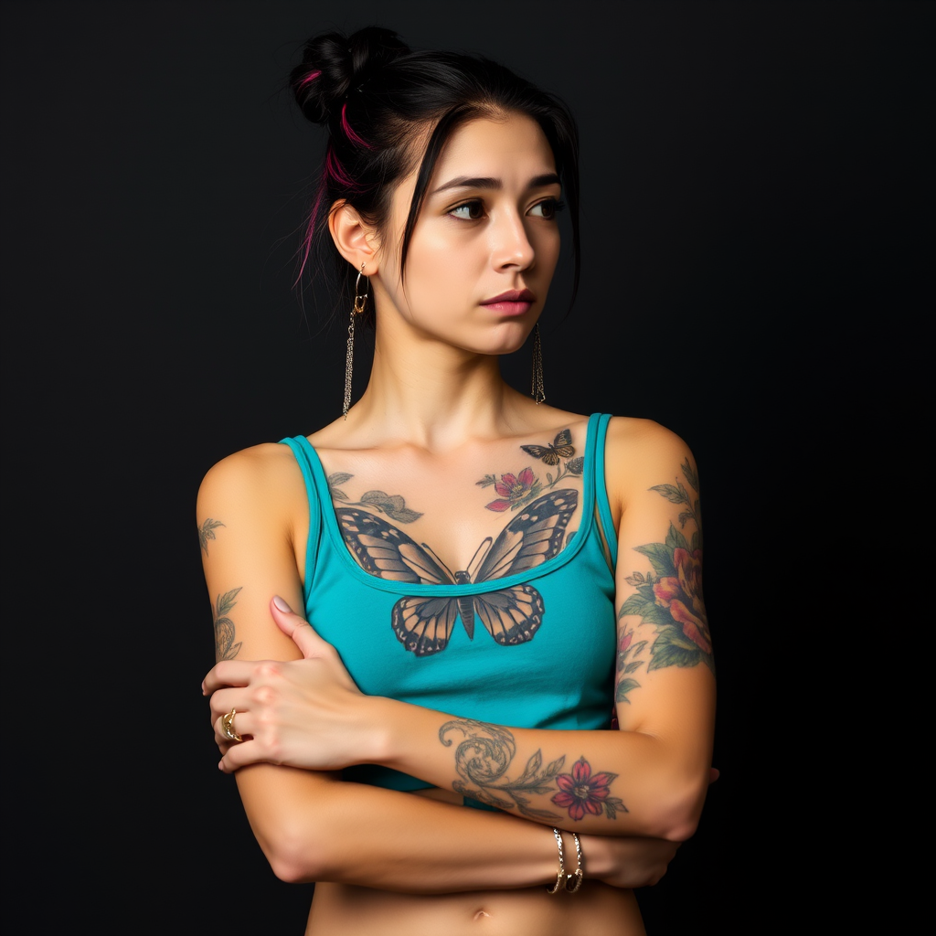 A portrait of a young woman with long dark hair tied up in a bun, with pink streaks, and intricate shaved designs. She is wearing a teal tank top and has a large butterfly tattoo across her chest and multiple colorful floral tattoos on her arms. The woman is looking off to the side, slightly tilted, her right arm is crossed over her chest, and her left hand is resting on her upper arm. The lighting is soft and warm, highlighting the details of the tattoos. The background is a simple, dark gray, providing a neutral backdrop for the subject. The photo has a natural, relaxed feel and a slightly artistic, moody atmosphere.  She is wearing several silver rings and bracelets on her arms, and a pair of long silver dangle earrings with red accents.  Her face is slightly shadowed, giving a soft and alluring feel.  The composition is centered on the woman, who is positioned against a dark background, the emphasis is on her tattoos and the subtle expression on her face.