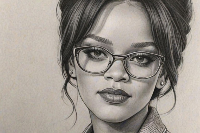 Splendid Rihanna, pencil sketch, portrait of Sublime woman 1961s in glasses, hair style beatnik, outline, clear lines, fine lines, 8k