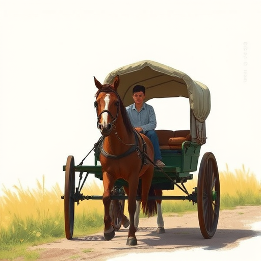 Create a detailed illustration of a horse-drawn cart with a person sitting in it, using a DSLR camera with a 50mm lens, aperture set to f/1.8, ISO 100, at a resolution of 300 DPI, in a natural outdoor setting with soft lighting.