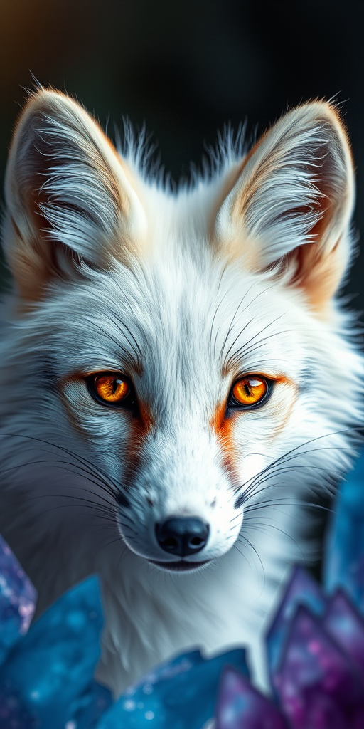 Regenerate a close-up portrait of a mystical white fox with captivating golden eyes, surrounded by ethereal blue and purple crystals, shot with a DSLR camera at f/1.8 aperture, ISO 100, and 50mm lens for sharp focus and a dreamy background blur.