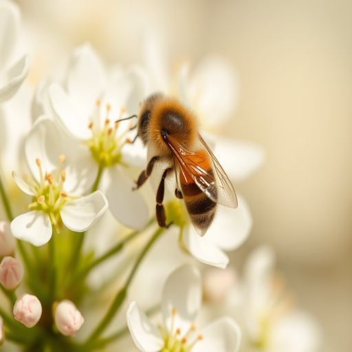 Macro shot of a honeybee on blooming white flowers against a soft blurred background, aperture f/2.8, shutter speed 1/500s, ISO 200, Canon EOS R5, 100mm lens, natural light, focus on details of bee and petals.