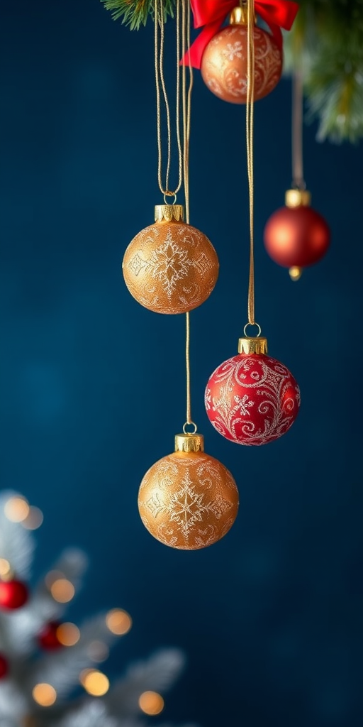 high-resolution image of Christmas ornaments hanging vertically on a dark blue background, soft focus effect, 50mm lens, f/2.8 aperture, shot with a DSLR camera, overhead shot with natural lighting
