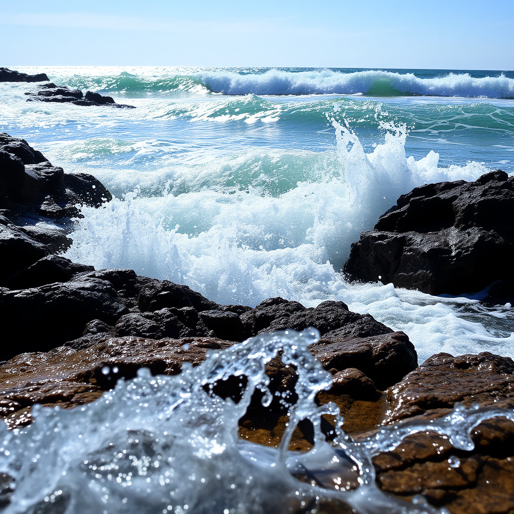 photograph of ocean waves crashing against rocky shore with splashes of water in foreground, sunny day, captured with a DSLR camera, aperture f/8, shutter speed 1/500s, ISO 100, wide-angle lens, low angle view, natural lighting