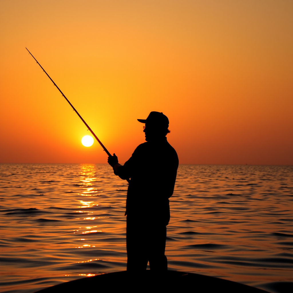 silhouette of a fisherman in a golden sunset over calm water, ISO 200, f/8, 1/500s, 50mm lens, portrait orientation, DSLR camera, soft focus effect to enhance warm tones and reflections