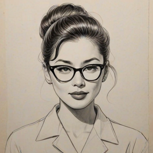 Bewitching Lynn Chen, pencil sketch, portrait of Fetching woman 1956s in glasses, hair style beatnik, outline, clear lines, fine lines, 8k