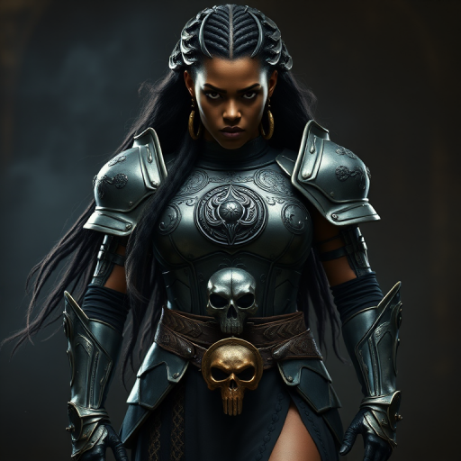 Create a photo of a fierce Yoruba female warrior with long black hair, wearing an ornate, metallic armor. The armor includes a breastplate with intricate designs, shoulder guards, and gauntlets. The breastplate is decorated with a central emblem, possibly representing a mythical symbol, and has a sculpted, form-fitting design. She wears a belt with a large skull ornament at the center, and her armor extends into a partial skirt, revealing one leg. The overall look is both protective and stylish, with a dark, gothic aesthetic. The background is dimly lit, suggesting a medieval or fantasy setting, enhancing the warrior's imposing presence and intense expression.