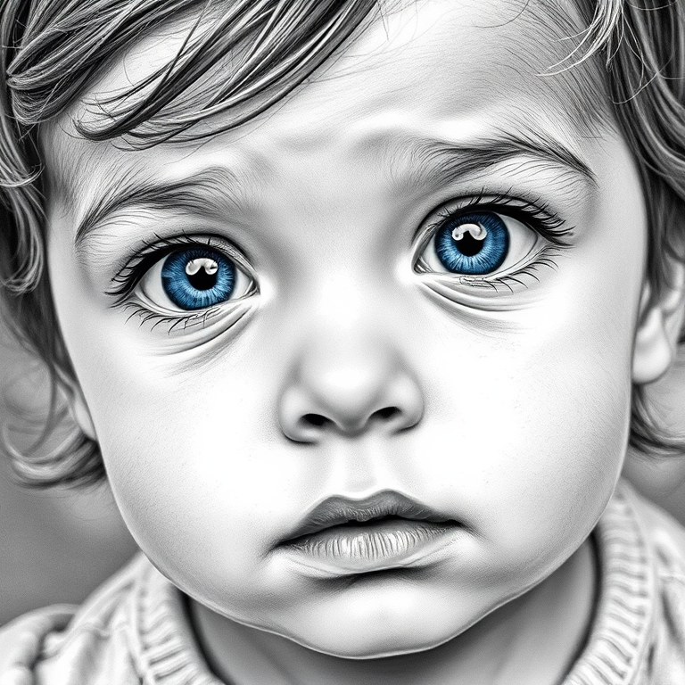A hyperdetailed photorealistic black and white sketch of a beautiful toddler with deep blue eyes, with a macro focus