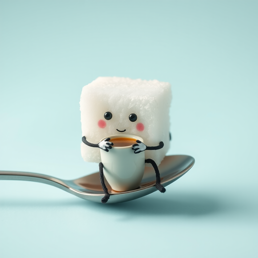 A sugar cube with a face and legs, sitting on a spoon and sipping a tiny cup of coffee.