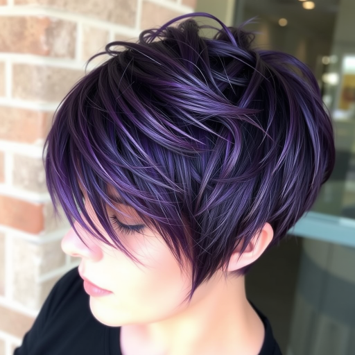 Deep violet hair with silver highlights in a textured pixie cut, Amethyst Starlight style, combining edgy short layers with a regal purple hue