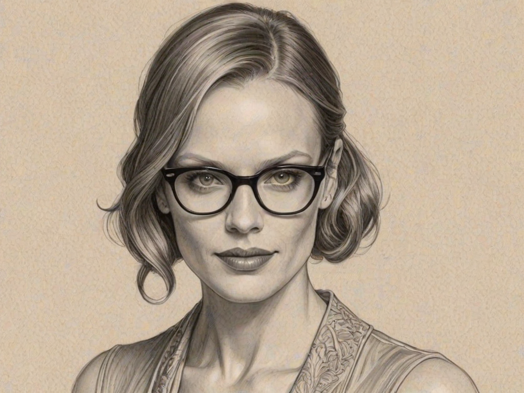 Comely Vinessa Shaw, pencil sketch, portrait of Beauteous woman 1920s in glasses, hair style beatnik, outline, clear lines, fine lines, 8k