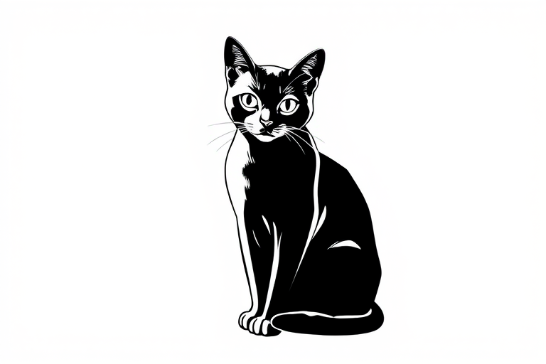 Create a high-contrast monochrome illustration of a sitting cat with smooth lines and a minimalist design, captured with a Canon EOS R5, 50mm f/1.2 lens, aperture set to f/2.8, ISO 100, 1/200s shutter speed, using a softbox lighting setup for even illumination.
