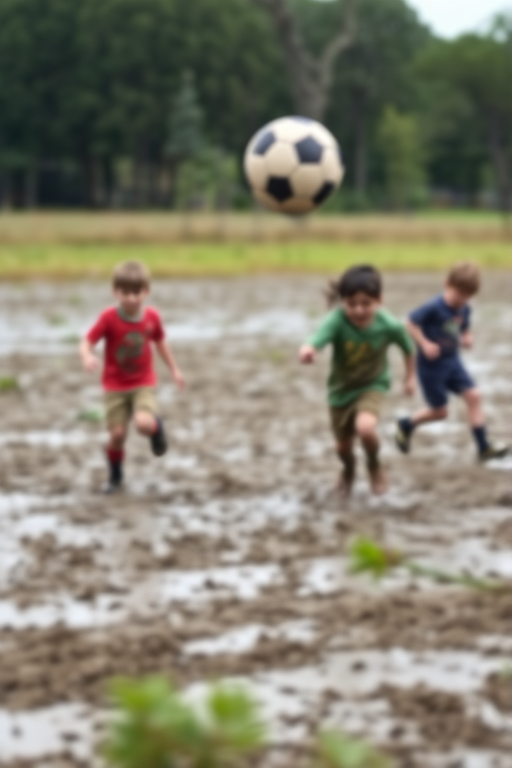 Blurry action shot of children playing soccer in a muddy field, their clothes covered in dirt, soft focus on the ball as it flies through the air, distant trees swaying in the breeze.