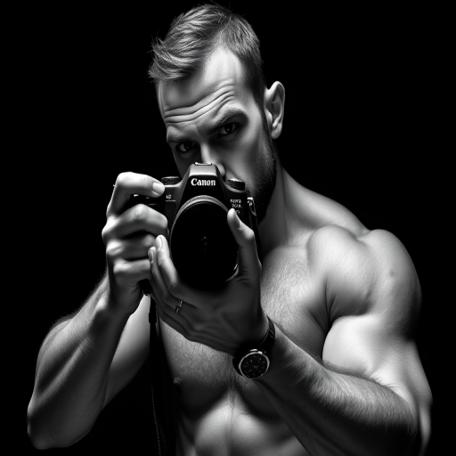 Create a high-contrast black and white portrait of a muscular man taking a photograph, using a Canon EOS R5 with a 50mm f/1.2 lens at ISO 100, aperture f/1.8, and shutter speed 1/200s, captured in a studio setting with soft directional lighting to emphasize shadows and highlights.