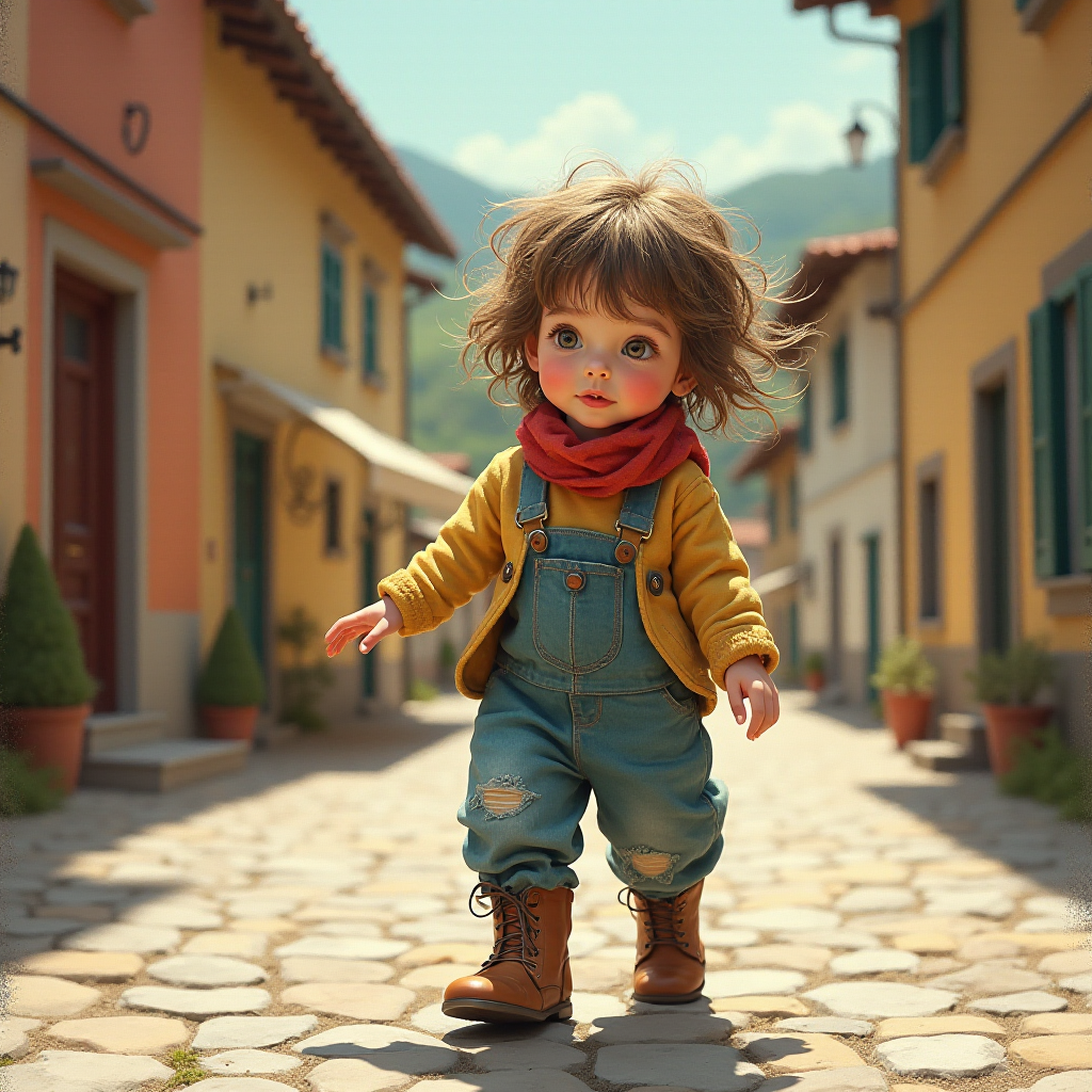 Whimsical little 3-year-old girl wearing scruffy tomboy clothes, boots, messy hair heavily blushed cheeks, pink lips, closely dancing in the street of an Italian village,Textured painterly fantasy artistic mixed media