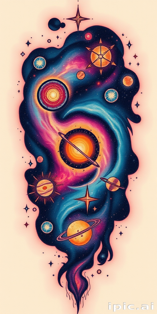 Cosmic tattoo called "Celestial Wanderer" showcasing galaxies nebulae and celestial bodies with swirling colors and glowing accents creating a mesmerizing space-inspired piece