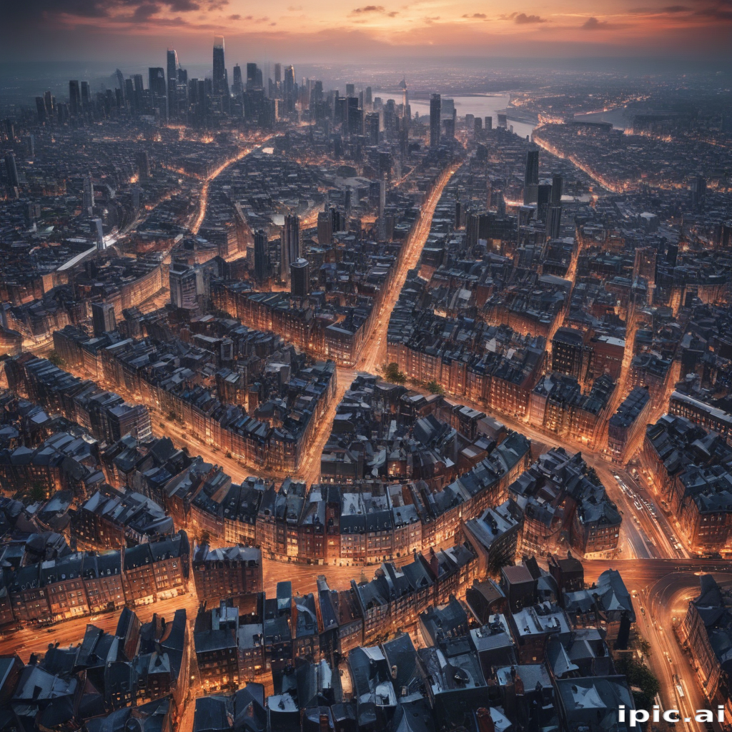 Stunning Aerial View of a Cityscape at Dusk with Illuminated Streets