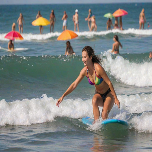 Blurry action shot of a woman surfing on a sunny day, riding a wave with confidence, surrounded by sparkling water, and colorful beach umbrellas softly blurred on the shore.