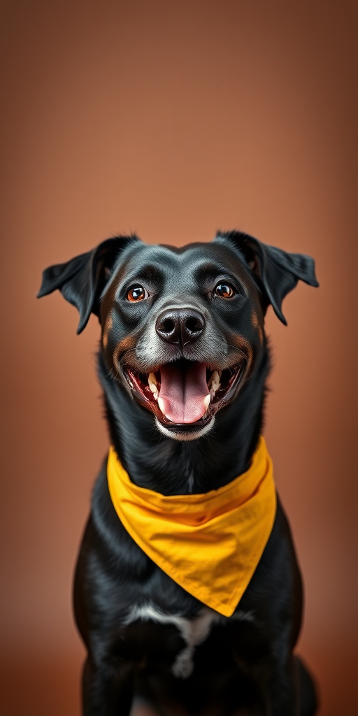 A portrait of a happy black dog wearing a yellow bandana against a neutral brown background, taken with a DSLR camera at f/2.8, ISO 200, 85mm lens, using soft lighting to enhance details and textures.