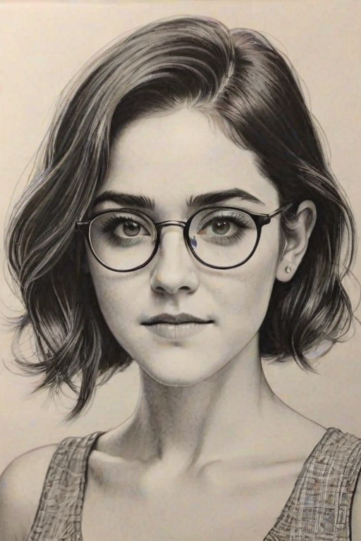 Stunning Isabelle Fuhrman, pencil sketch, portrait of Gorgeous woman 1937s in glasses, hair style beatnik, outline, clear lines, fine lines, 8k