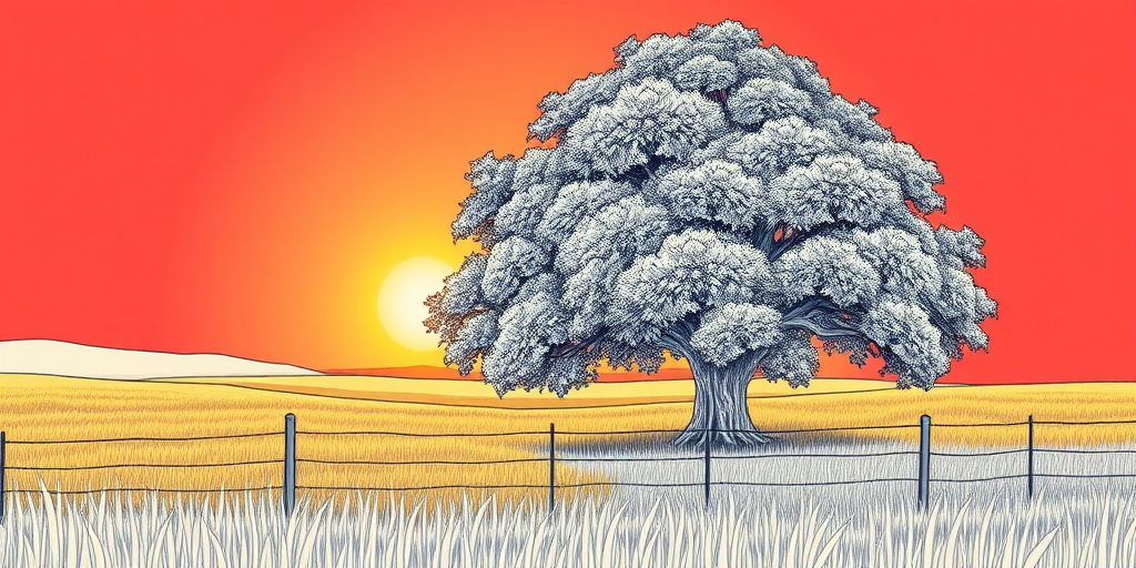 Generate a detailed line art illustration of a large leafy tree in a grassy field with a fence in the foreground and a sunset in the background, using a DSLR camera with a 50mm lens, aperture set to f/8 for depth of field, ISO 100 for clarity, and a slight vignette effect for emphasis on the tree.