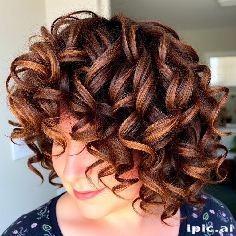 Chocolate brown curly shag with caramel highlights, named "Mocha Swirl," boasting voluminous ringlets and a flattering mix of warm and cool tones