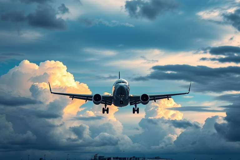 airplane landing at an airport with dramatic clouds in the background, shot with a Canon EOS R5, 24mm lens, f/8, ISO 100, shutter speed 1/1000 sec, aerial view, high dynamic range photography, vivid colors