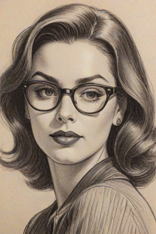Wonderful Monica, pencil sketch, portrait of Bewitching woman 1947s in glasses, hair style beatnik, outline, clear lines, fine lines, 8k