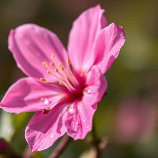 close-up of a blossoming pink flower with dewdrops on petals, background softly blurred, natural lighting, ISO 200, f/2.8 aperture, 100mm macro lens, shot from a slight angle, DSLR camera.