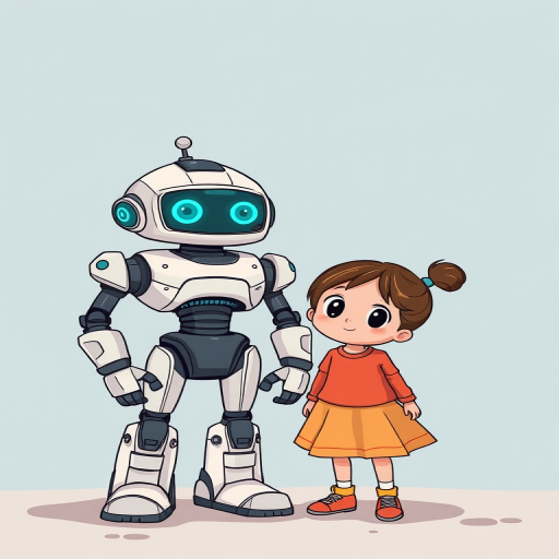 Create an illustration of a friendly robot standing next to a curious young girl in a cartoon style, ensuring vibrant colors and clear outlines, shot with a digital camera at f/8 aperture, 1/250 sec shutter speed, and ISO 100, using a medium focal length lens for a balanced perspective.