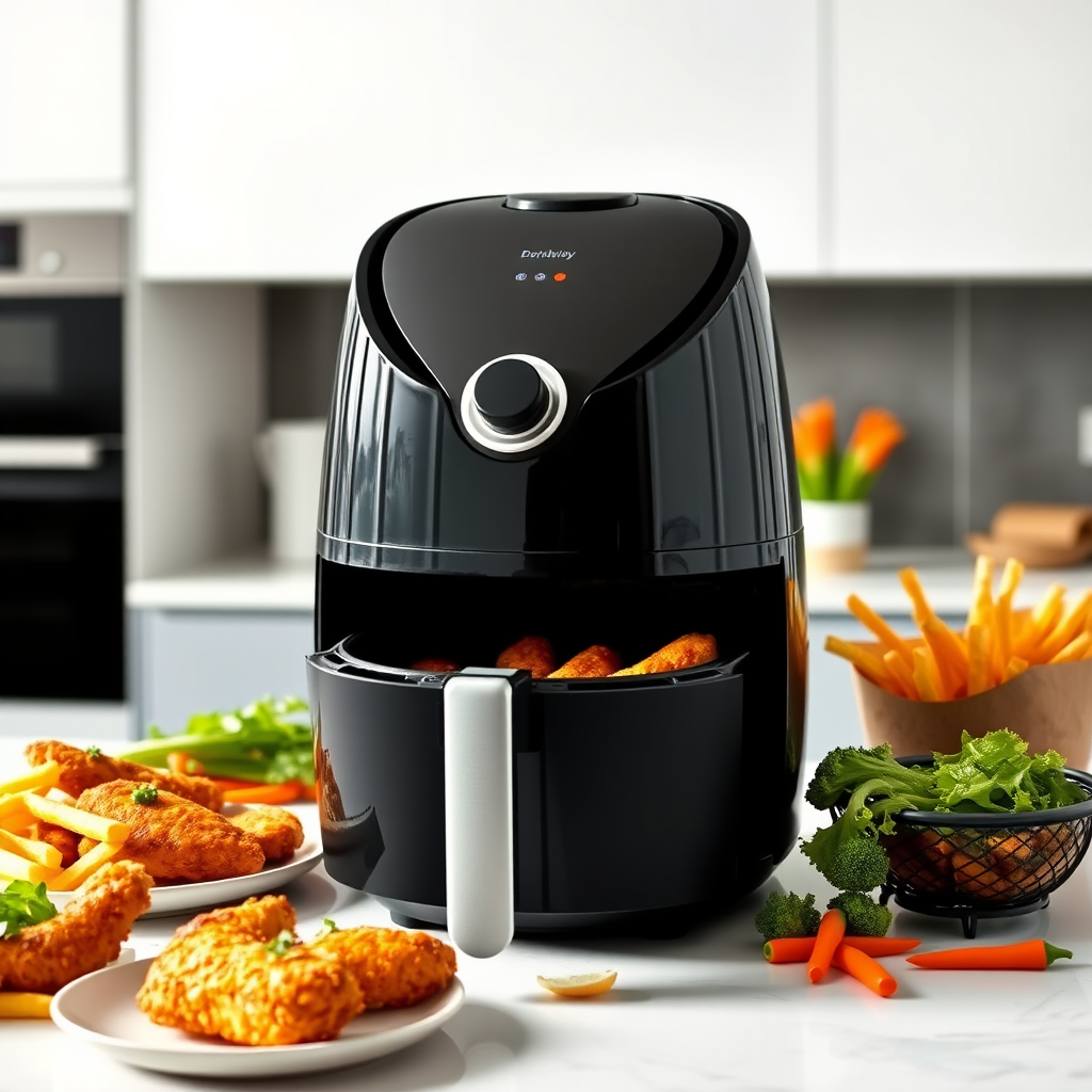 A sleek black air fryer on a bright modern kitchen countertop surrounded by crispy golden chicken tenders fresh vegetables and delicious fries with a minimalistic design and vibrant colors
