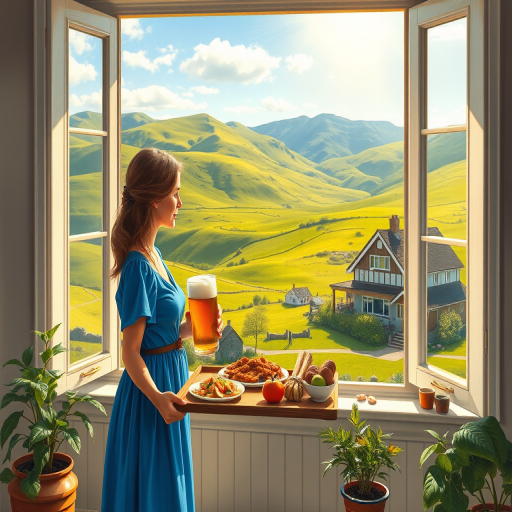 In "A Glass of Beer on the Highland," a serene scene is depicted in a sunlit room where a woman in a vibrant blue dress stands by a large window. She holds a tray with a hearty meal and a frothy glass of beer, embodying a moment of relaxation. Outside, the breathtaking highland landscape features rolling green hills and a charming traditional house, all bathed in warm afternoon light. The interior is adorned with potted plants, creating a harmonious blend of comfort and nature. The painting beautifully captures the tranquility and joy found in simple pleasures amidst stunning scenery