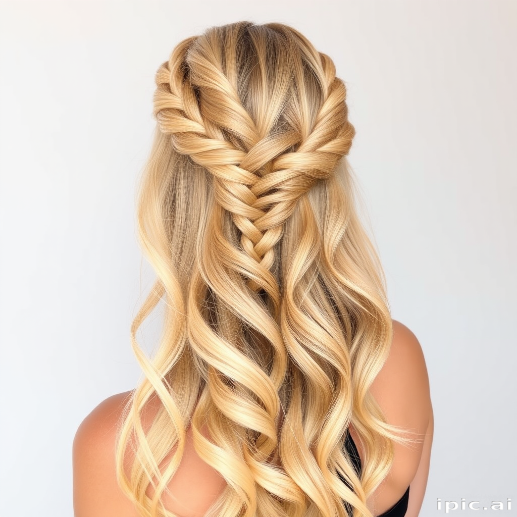 Golden blonde crown braid transitioning into loose, sun-kissed waves cascading down the back, embodying the essence of a summer goddess called Solaris Mane