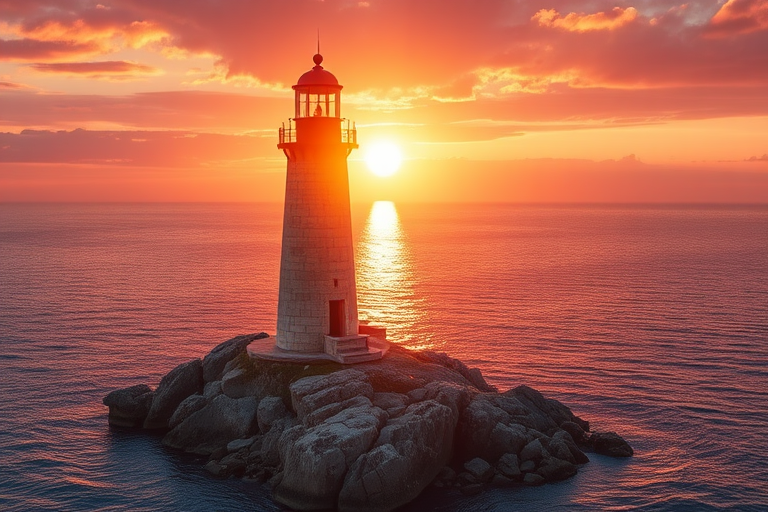 Generate an image of a tall lighthouse perched on a rocky outcrop surrounded by calm ocean waters during a breathtaking sunset. The lighthouse stands sturdy and weathered, its stone surface illuminated by the warm golden light of the setting sun. The sun's rays pass directly through the glass lantern room at the top of the lighthouse, casting a brilliant light across the scene. The sky is painted with vibrant shades of orange, pink, and purple, reflecting off the tranquil sea. The surrounding water shimmers with the same warm hues, creating a serene and majestic atmosphere.
