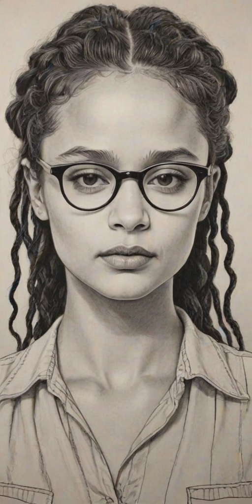 Stunning Sasha Lane, pencil sketch, portrait of Captivating woman 1934s in glasses, hair style beatnik, outline, clear lines, fine lines, 8k
